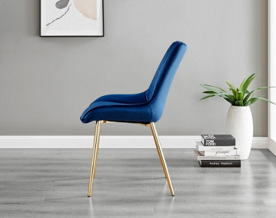 Set of 2 Pesaro Luxury Navy Soft Touch Diamond Stitched Velvet Gold Chromed Metal Leg Dining Chairs