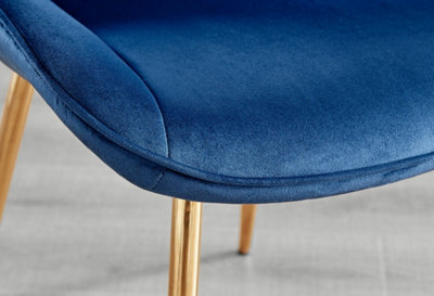 Set of 2 Pesaro Luxury Navy Soft Touch Diamond Stitched Velvet Gold Chromed Metal Leg Dining Chairs