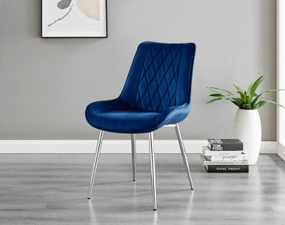 Set of 2 Pesaro Luxury Navy Soft Touch Diamond Stitched Velvet Silver Chromed Metal Leg Dining Chairs