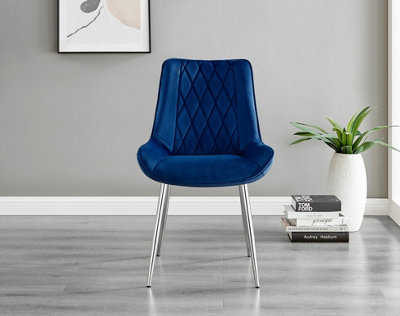Set of 2 Pesaro Luxury Navy Soft Touch Diamond Stitched Velvet Silver Chromed Metal Leg Dining Chairs