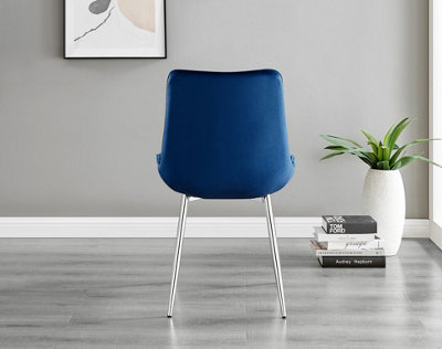 Set of 2 Pesaro Luxury Navy Soft Touch Diamond Stitched Velvet Silver Chromed Metal Leg Dining Chairs