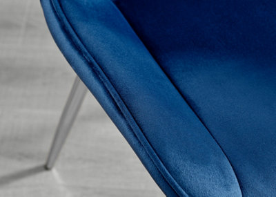 Set of 2 Pesaro Luxury Navy Soft Touch Diamond Stitched Velvet Silver Chromed Metal Leg Dining Chairs