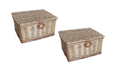 Set Of 2 Picnic Hamper Basket With Lid Latch No Lining Oak Medium ...
