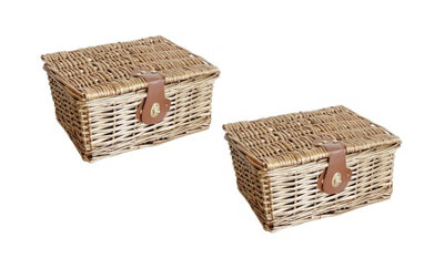 Set Of 2 Picnic Hamper Basket With Lid Latch No Lining Oak Small 30x23x13cm
