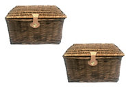 Set Of 2 Picnic Hamper Basket With Lid Latch No Lining Pine  Large 41x34x22cm