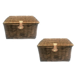 Set Of 2 Picnic Hamper Basket With Lid Latch No Lining Pine  Large 41x34x22cm