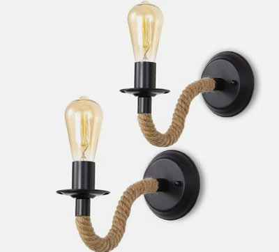 Set of 2 Pieces Vintage Hemp Rope Wall Lamp E27 Retro Indoor Wall Light
