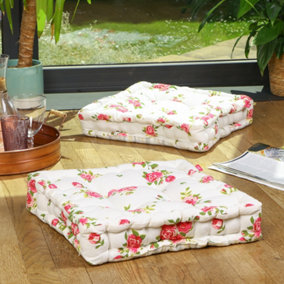 Set of 2 Pink Floral Print Indoor Dining Chair Seat Pad Box Cushions