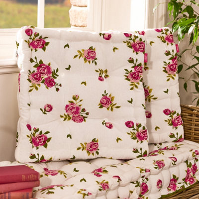 Set of 2 Pink Floral Print Indoor Style Dining Chair Seat Pad Box Cushions (L)40cm x (W)40cm