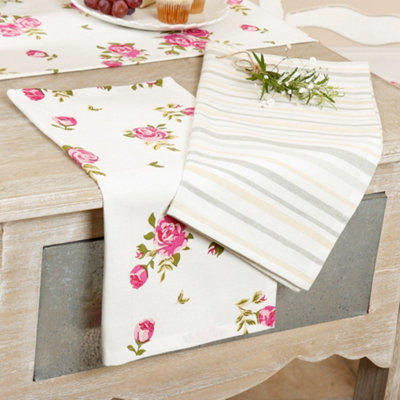 Set of 2 Pink Floral & Striped Cotton Reusable Kitchen Napkins