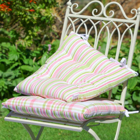 Set of 2 Pink Pastel Stripe Plaid Garden Seat Pads with Ties 40cm L x 40cm W