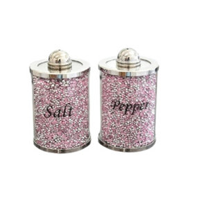 Set of 2 Pink Salt and Pepper Glass Crystal Crushed Diamonds