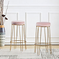 Set of 2 Pink Velvet Counter Height Bar Stool with Footrest