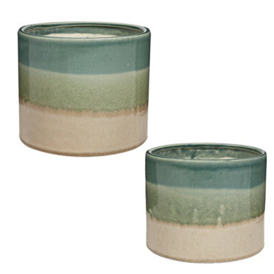 Set of 2 Plant Pots Green & Beige Indoor Outdoor Summer Flower Plant Pot Houseplant Garden Planters