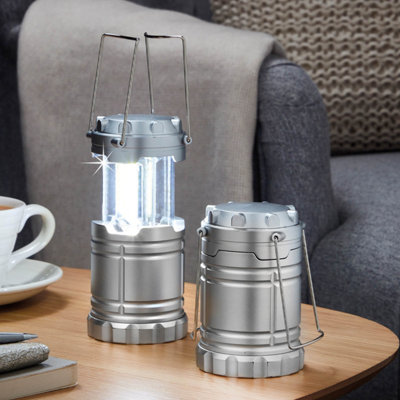 Set of 2 pop-up LED lanterns. Compact, portable, Camping, 360 light, adjustable brightness, battery-operated. H15.5cm