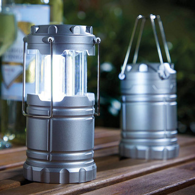 Set of 2 pop-up LED lanterns. Compact, portable, Camping, 360 light, adjustable brightness, battery-operated. H15.5cm