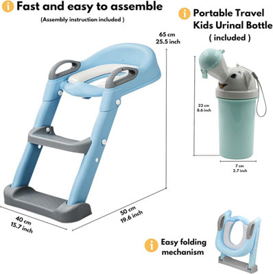 Set of 2 Potty Training toilet seat for Boys - Blue Training Step Stool and Portable Travel Urinal Bottle - Perfect for Toddlers - 3