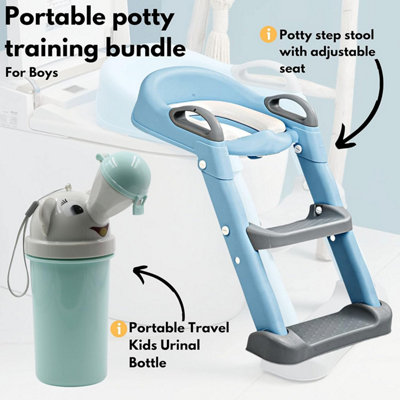 Set of 2 Potty Training toilet seat for Boys - Blue Training Step Stool and Portable Travel Urinal Bottle - Perfect for Toddlers - 8