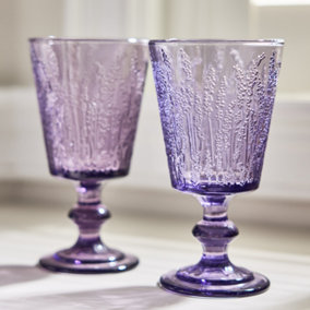 Set of 2 Purple Lavender Drinking Wine Glass Goblets