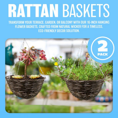 Set Of 2 Rattan Natural Wicker Hanging Basket Flower Plant Pot Garden 16" - 4