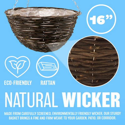 Set Of 2 Rattan Natural Wicker Hanging Basket Flower Plant Pot Garden 16" - 6