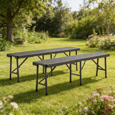 Set of 2 Rattan Plastic Outdoor Folding Bench Black Portable with ...