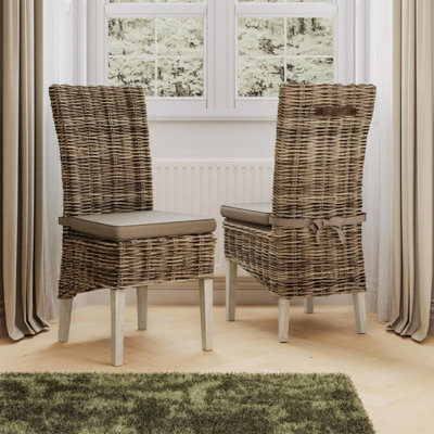 Set Of 2 Ready Assembled Solid Pine Rattan Dining Chairs Whitewash Finish