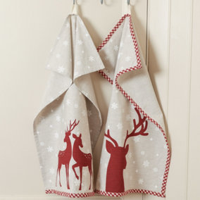 Set of 2 Reindeer Cotton Christmas Table Tea Towels with Gingham Edge