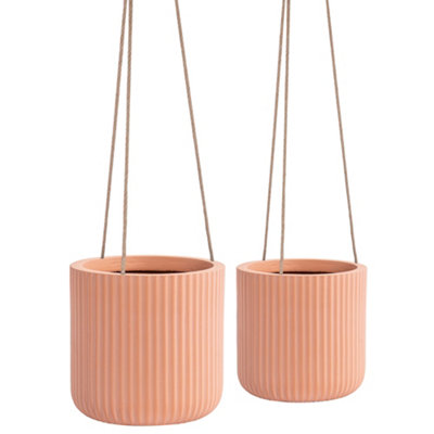 Set of 2 Rib Terracotta Hanging Planter Indoor Outdoor Flower Plant Pot Houseplant Garden Planters (Dia) 24cm, (H)24cm