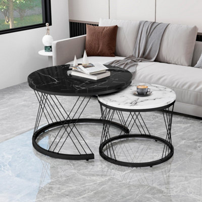 Set of 2 Round Coffee Table, Marble Pattern Top Black