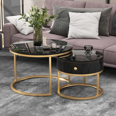Set of 2 Round Coffee Tables with Drawer , Black Nesting Tables