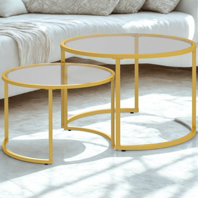Set Of 2 Round Gold Nesting Tables With Tempered Glass Top