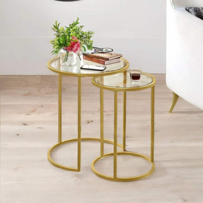 Set Of 2 Round Gold Nesting Tables With Tempered Glass
