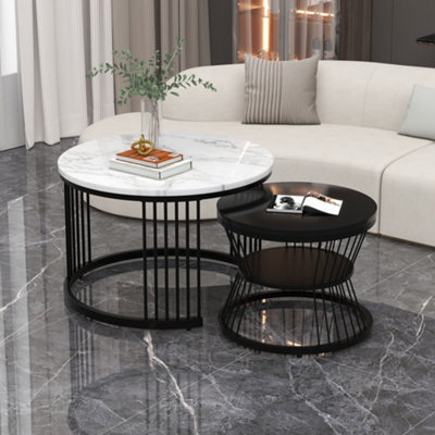 Set of 2 Round Marble Effect Nesting Coffee Table End Table with Black Metal Frame