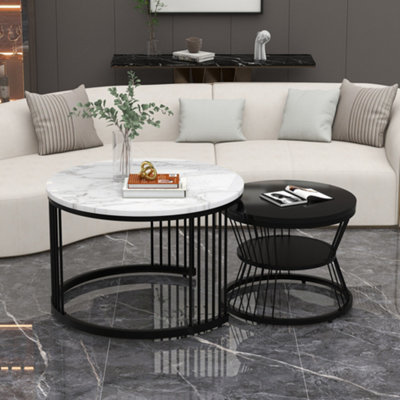 Set of 2 Round Marble Effect Nesting Coffee Table End Table with Black Metal Frame