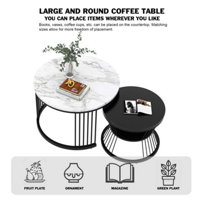 Set of 2 Round Marble Effect Nesting Coffee Table End Table with Black Metal Frame