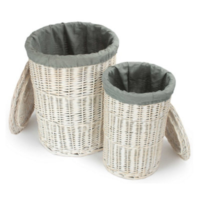 Set of 2 Round White Wash Laundry Hamper with Grey Sage Lining