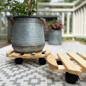 Set of 2 Round Wooden Plant Pot Trolley Movers (30cm)