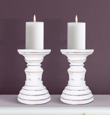 SET OF 2 Rustic Antique Carved Wooden Pillar Church Candle Holder, Antique White,Medium 13cm