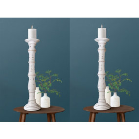 SET OF 2 Rustic Antique Carved Wooden Pillar Church Candle Holder, Antique White,XX Large 63cm