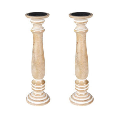 SET OF 2 Rustic Antique Carved Wooden Pillar Church Candle Holder, Beige,Extra Large 45cm