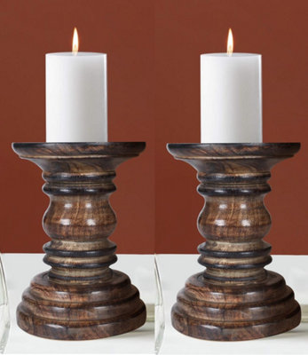 SET OF 2 Rustic Antique Carved Wooden Pillar Church Candle Holder, Light Brown,Medium 19cm