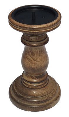 SET OF 2 Rustic Antique Carved Wooden Pillar Church Candle Holder, Light Brown,Medium 19cm