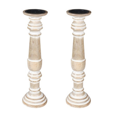 SET OF 2 Rustic Antique Carved Wooden Pillar Church Candle Holder, Natural,Large 31cm