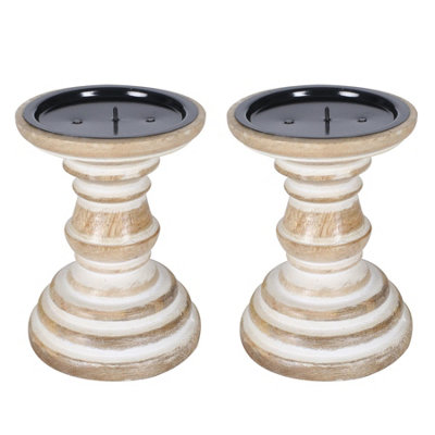SET OF 2 Rustic Antique Carved Wooden Pillar Church Candle Holder, Natural,Small 13cm