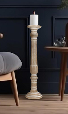 SET OF 2 Rustic Antique Carved Wooden Pillar Church Candle Holder Natural XX Large 63cm