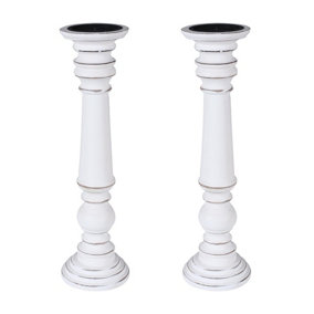 SET OF 2 Rustic Antique Carved Wooden Pillar Church Candle Holder, White Light,Extra Large 45cm