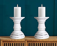 SET OF 2 Rustic Antique Carved Wooden Pillar Church Candle Holder, White Light,Medium 19cm
