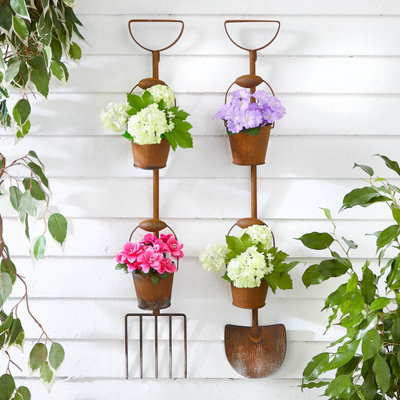 Set of 2 Rustic Garden Outdoor Tool Hanging Leaning Staked Planters