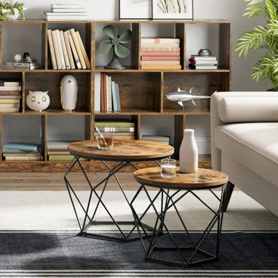 Set Of 2 Rustic Industrial Round Nesting Side Tables Metal Geometric ...
